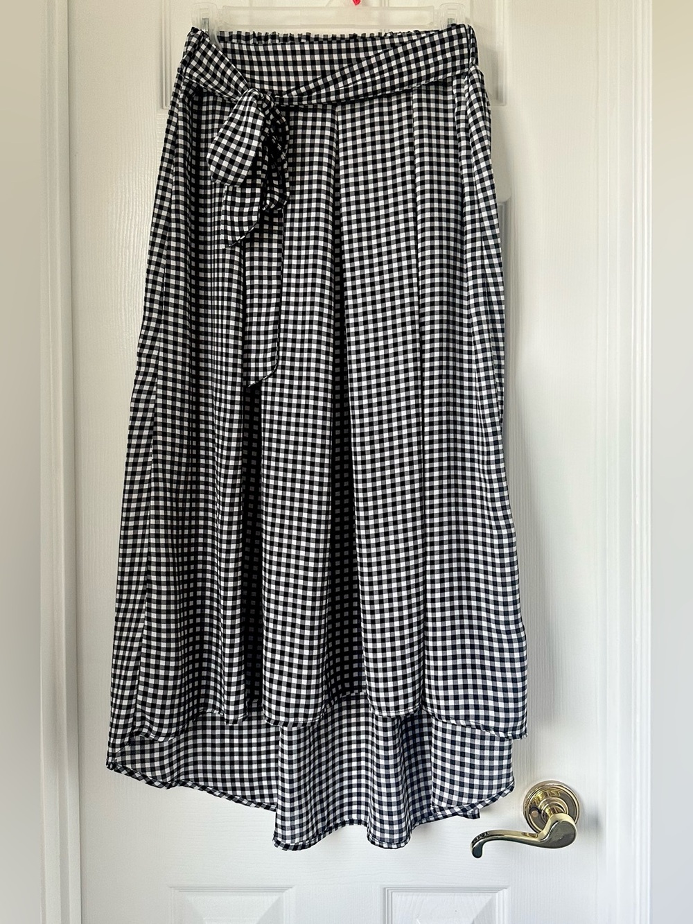 High-Low Black & White Gingham Tie-Waist Midi Skirt